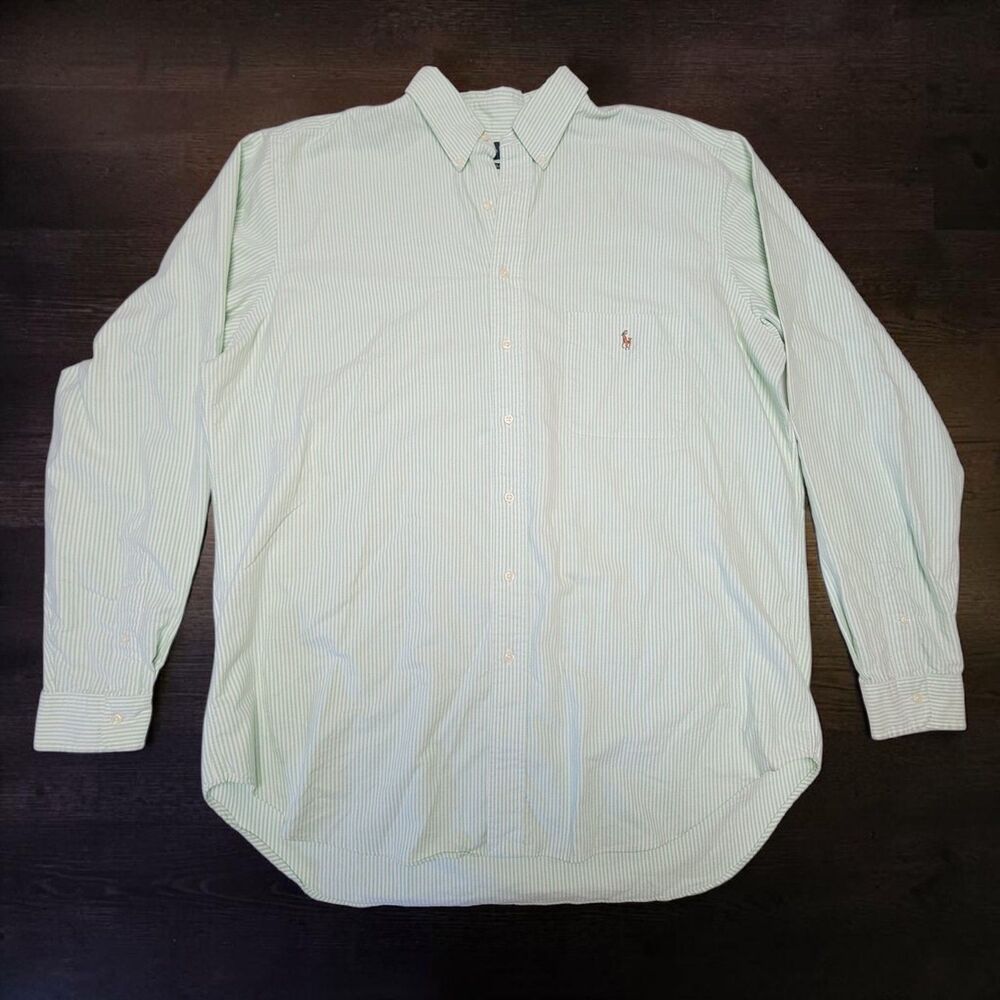 Ralph Lauren Dress Shirt Men's XLT Classic Fit Green Striped Cotton Button Down